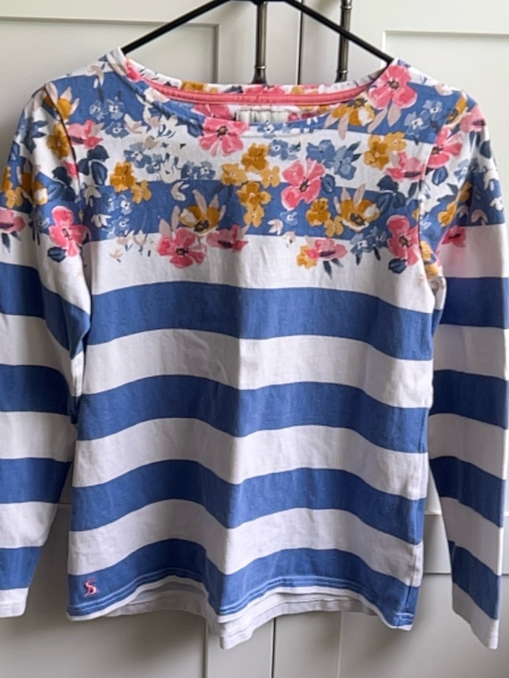 Joules Blue & White Striped Long-Sleeve Top with Floral Yoke